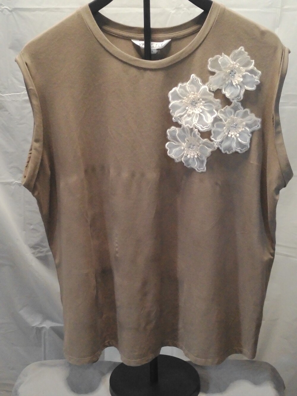 Kiss & Fly Sleeveless Olive Brown Floral Appliqué Women's Top